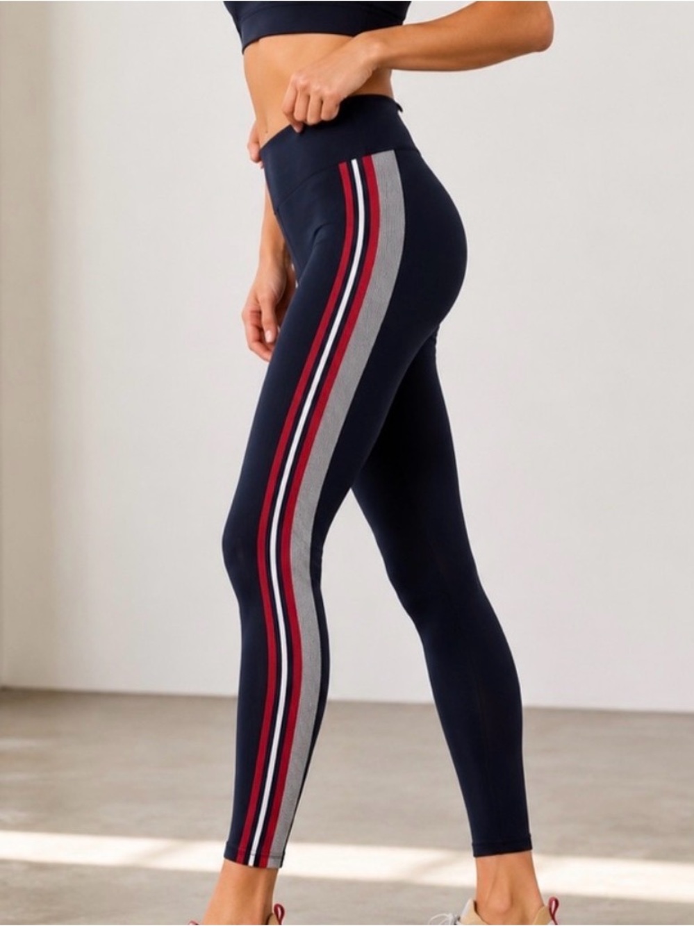 NYLORA Navy Leggings with Gray and Red Side Stripes